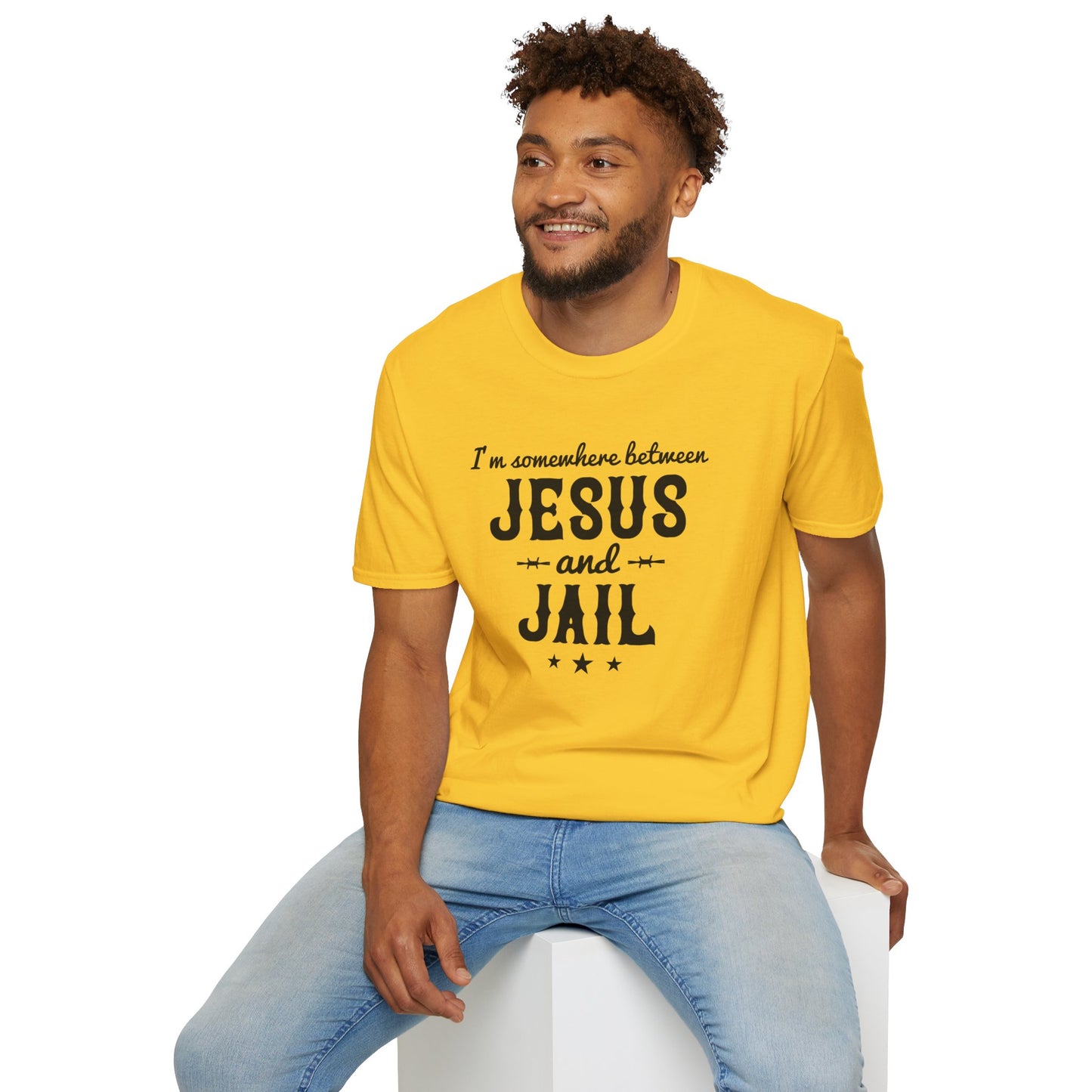 I'm Somewhere Between Jesus And Jail Funny Unisex Christian T-shirt