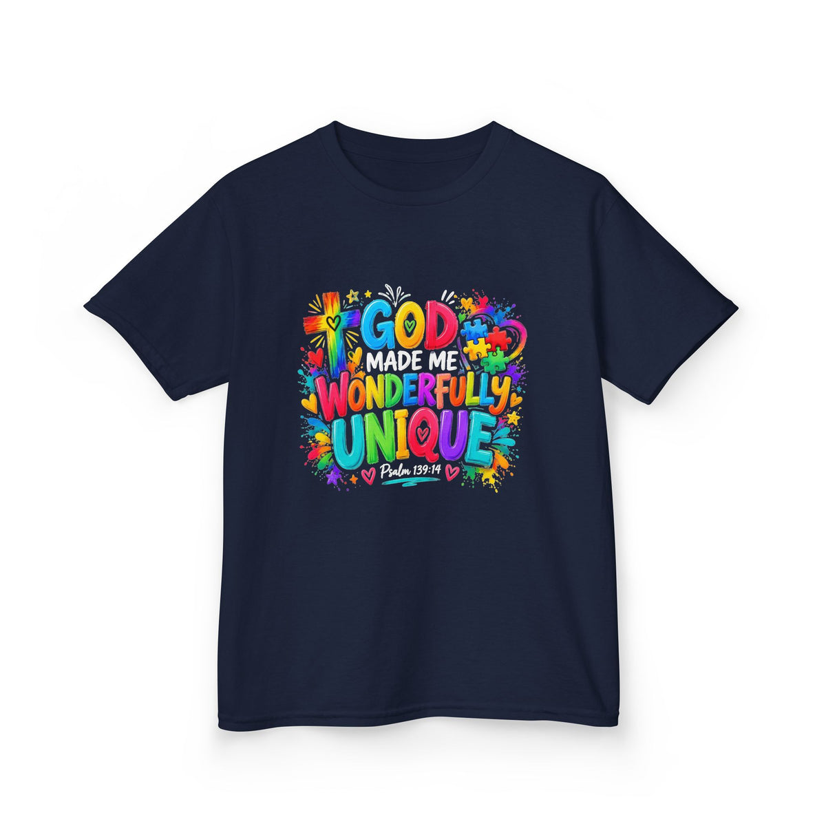 Youth Autism Awareness T-Shirt — "God Made Me Wonderfully Unique" Colorful Faith Tee