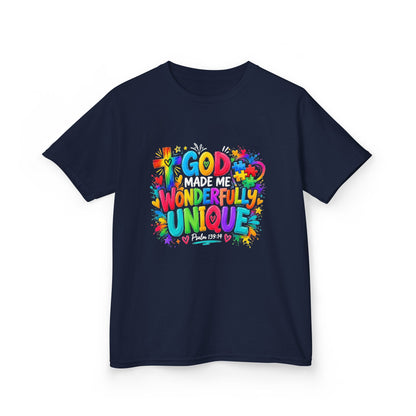 Youth Autism Awareness T-Shirt — "God Made Me Wonderfully Unique" Colorful Faith Tee