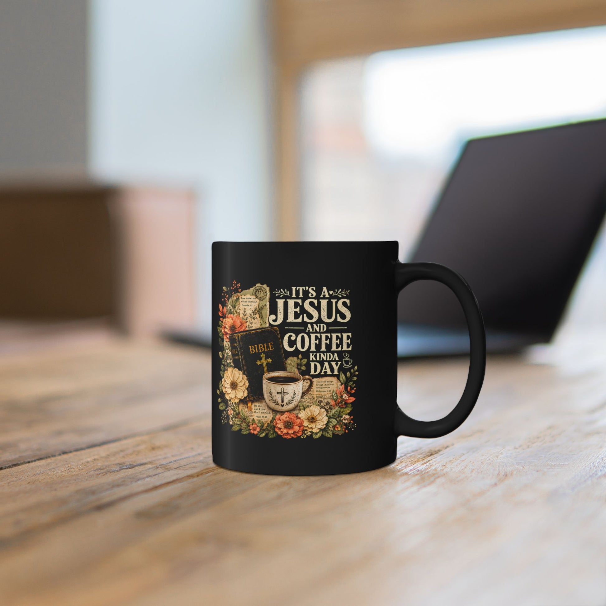 Jesus and Coffee Black Mug — Floral Bible Faith Coffee Cup (11oz/15oz) - ClaimedbyGodDesigns