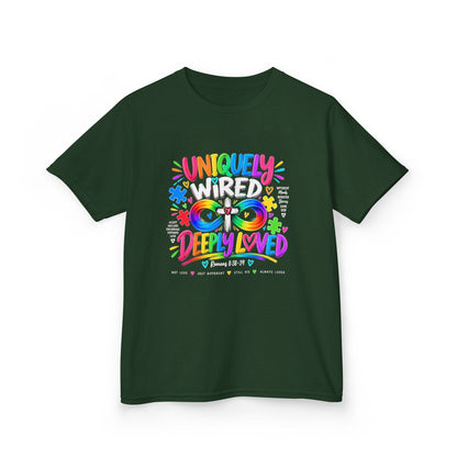 Youth Autism Awareness T-Shirt — "Uniquely Wired, Deeply Loved" Colorful Autism Pride Tee