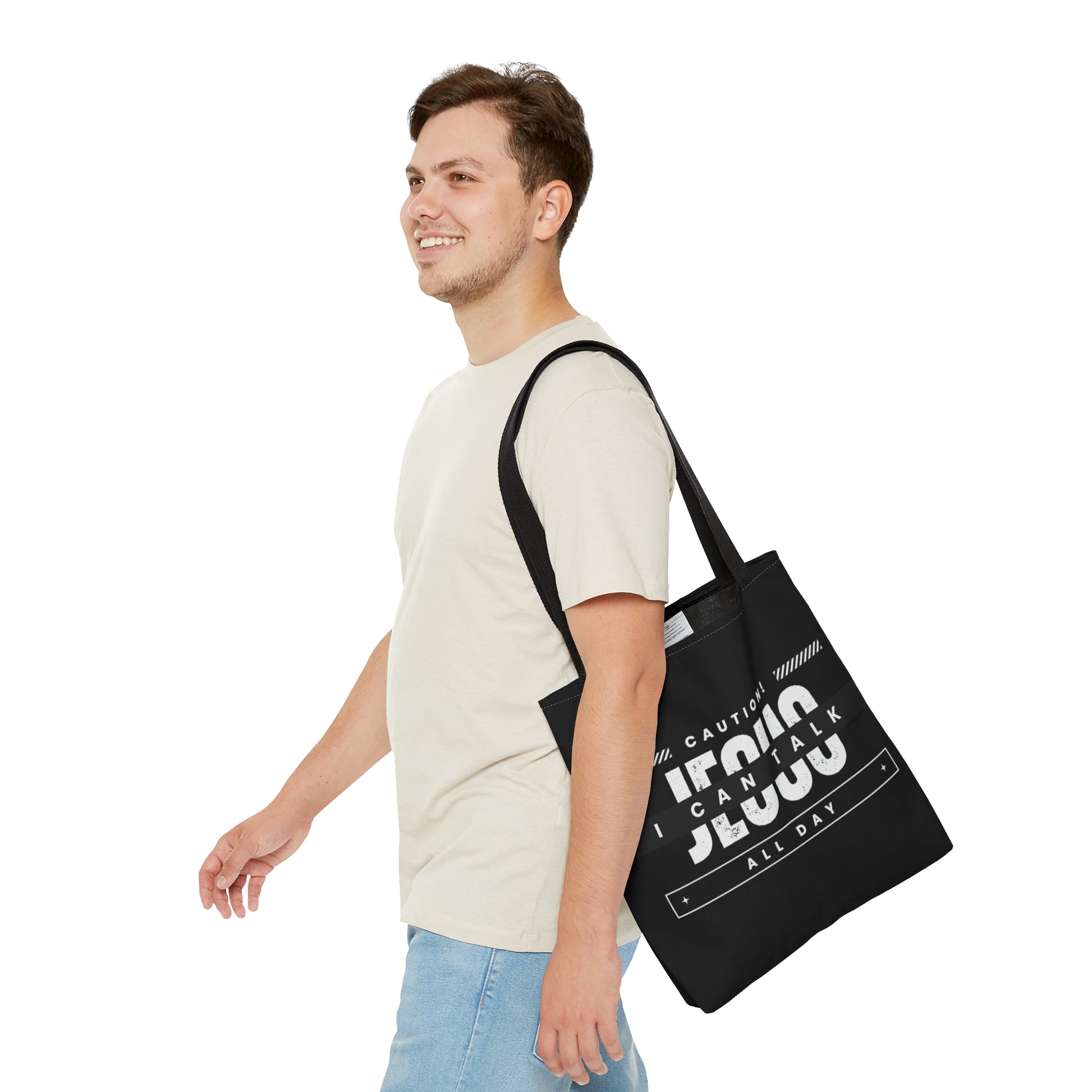 Caution I Can Talk Jesus All Day Tote Bag Printify