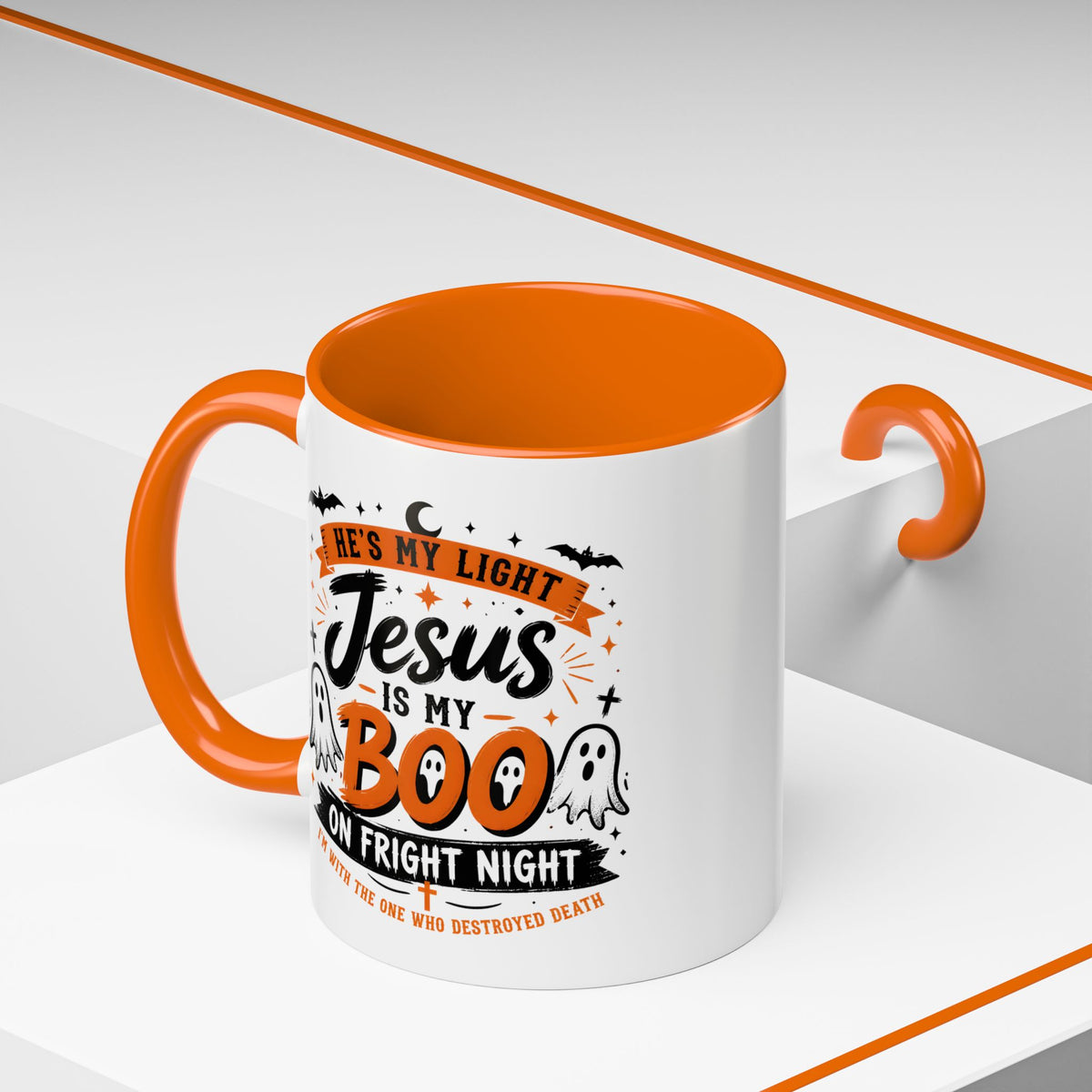 Christian Coffee Mug — "He's My Light, Jesus Is My Boo" Halloween Accent Mug