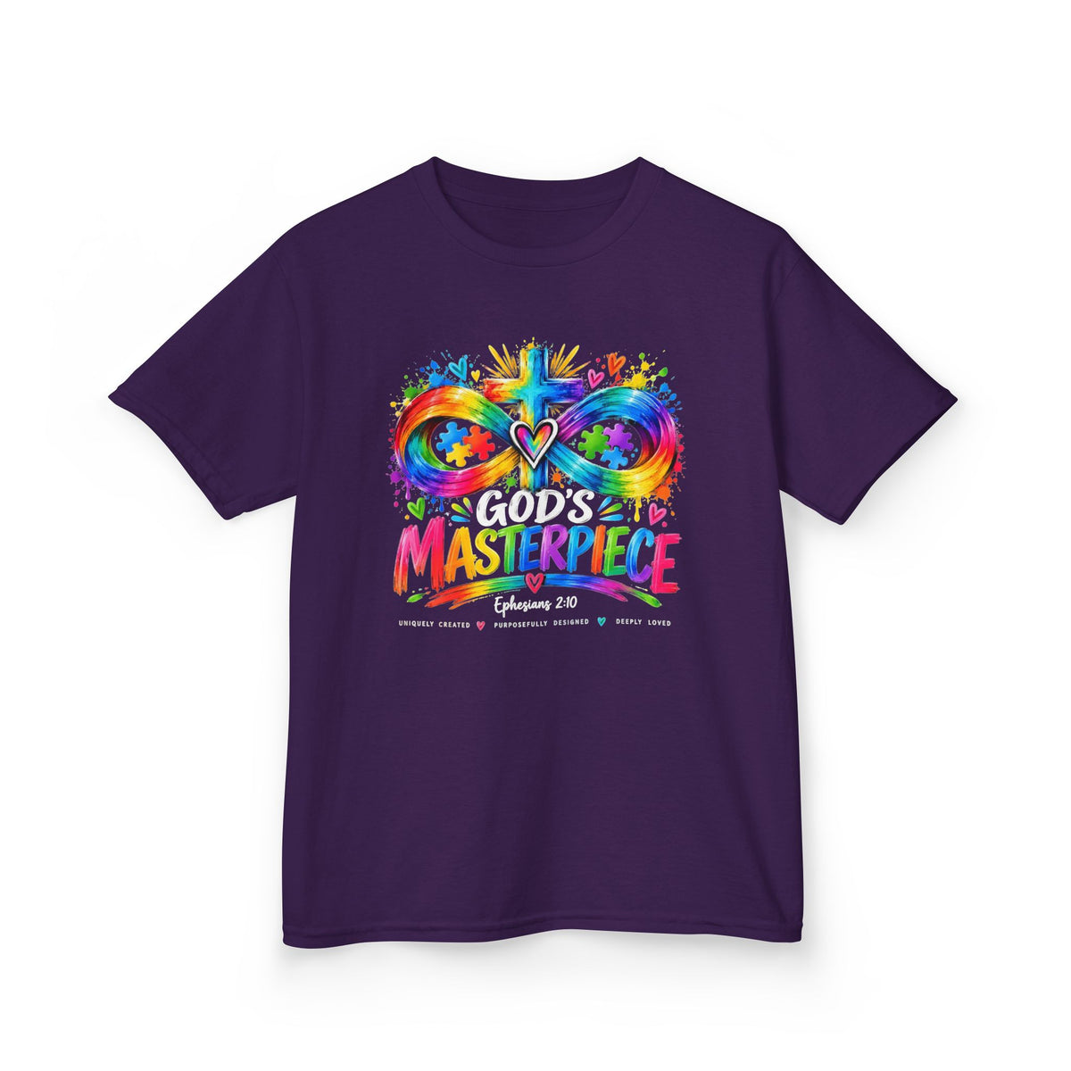 Youth Autism Awareness T-Shirt — "God's Masterpiece" Colorful Heart & Infinity Tee