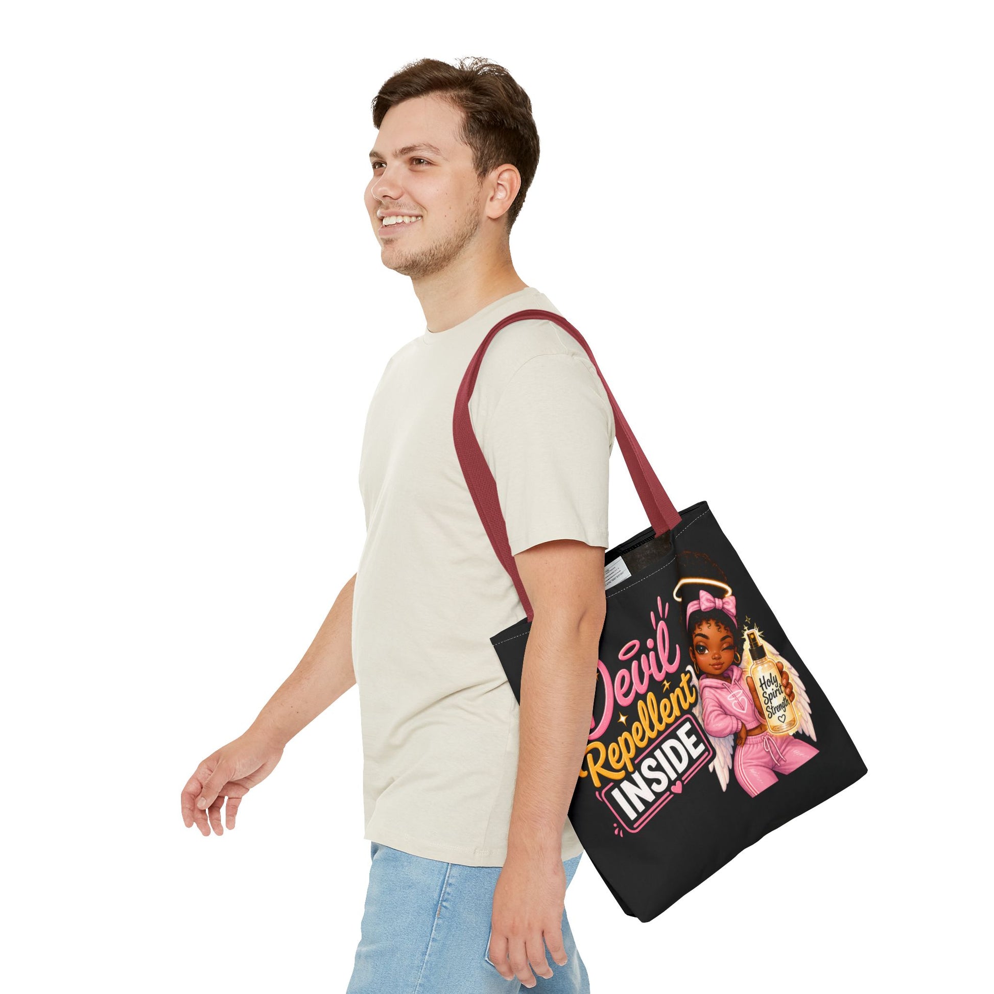 Tote Bag - "Devil Repellent Inside" Angel Girl Graphic Tote | Cute Protective Faith Gift - ClaimedbyGodDesigns