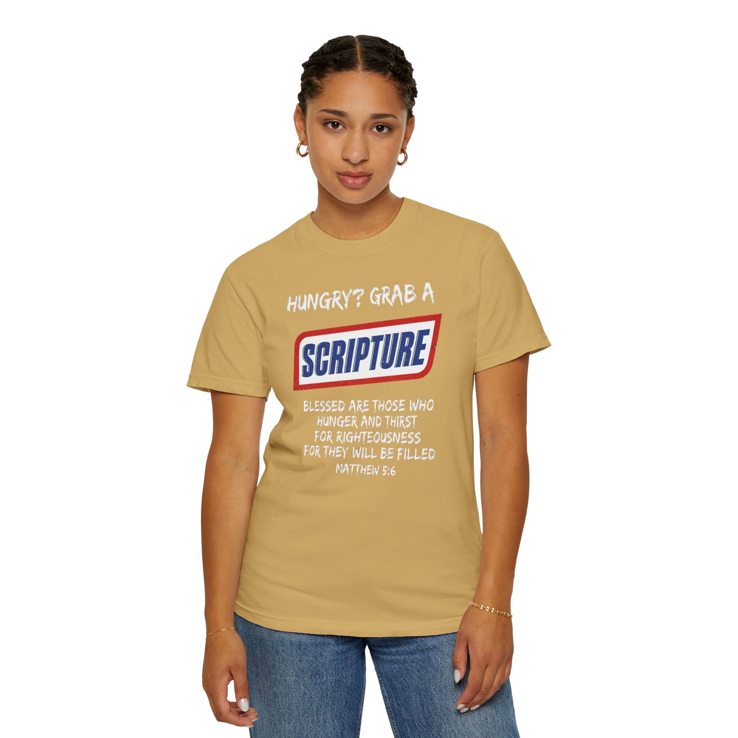 Scripture Snack T-Shirt — "Hungry? Grab a Scripture" Matthew 5:6 Christian Tee