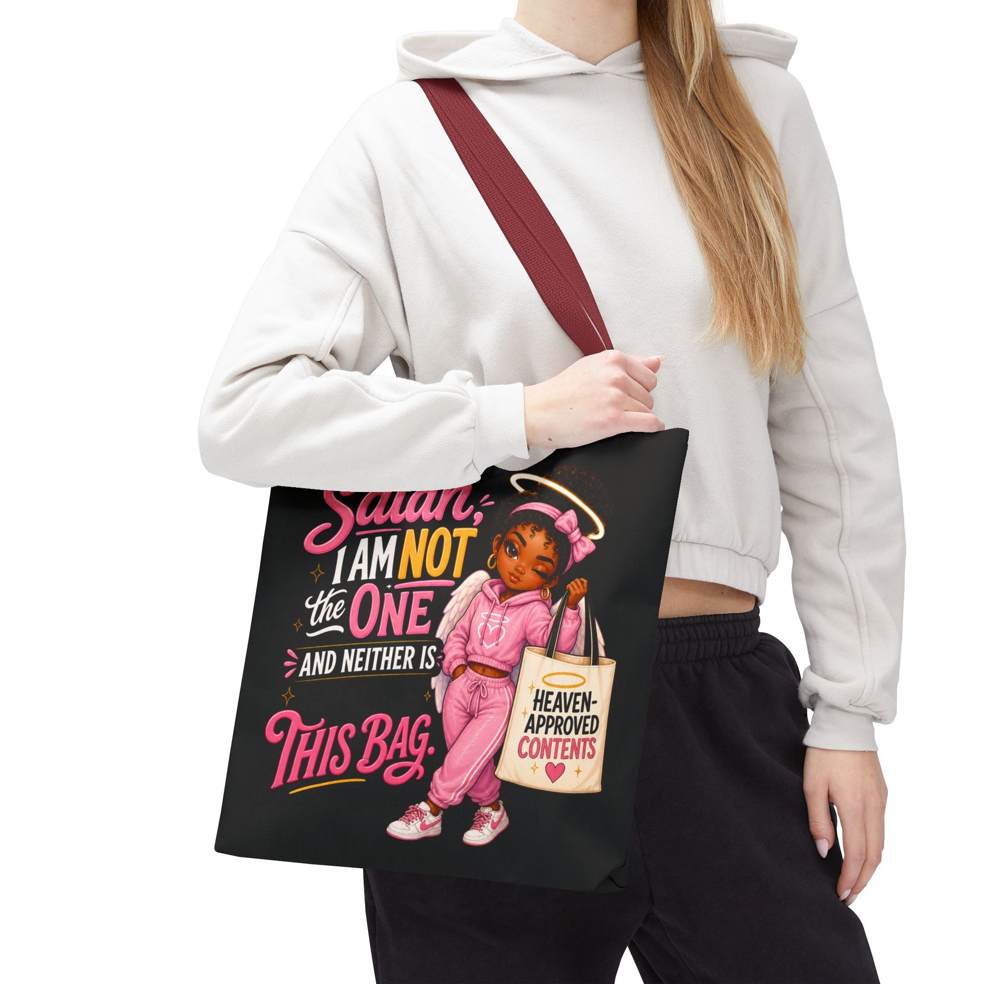 Tote Bag — "Satan I Am Not The One" Retro Angel Girl Tote (Heaven Approved Content) - ClaimedbyGodDesigns