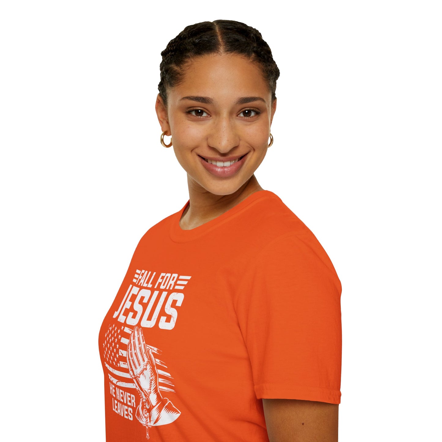 Fall For Jesus He Never Leaves American Patriotic Christian Unisex T-shirt