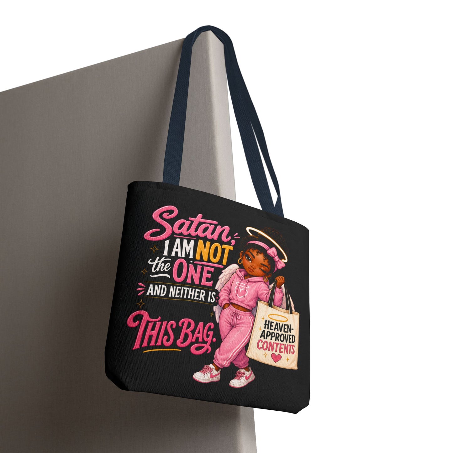 Tote Bag — "Satan I Am Not The One" Retro Angel Girl Tote (Heaven Approved Content) - ClaimedbyGodDesigns