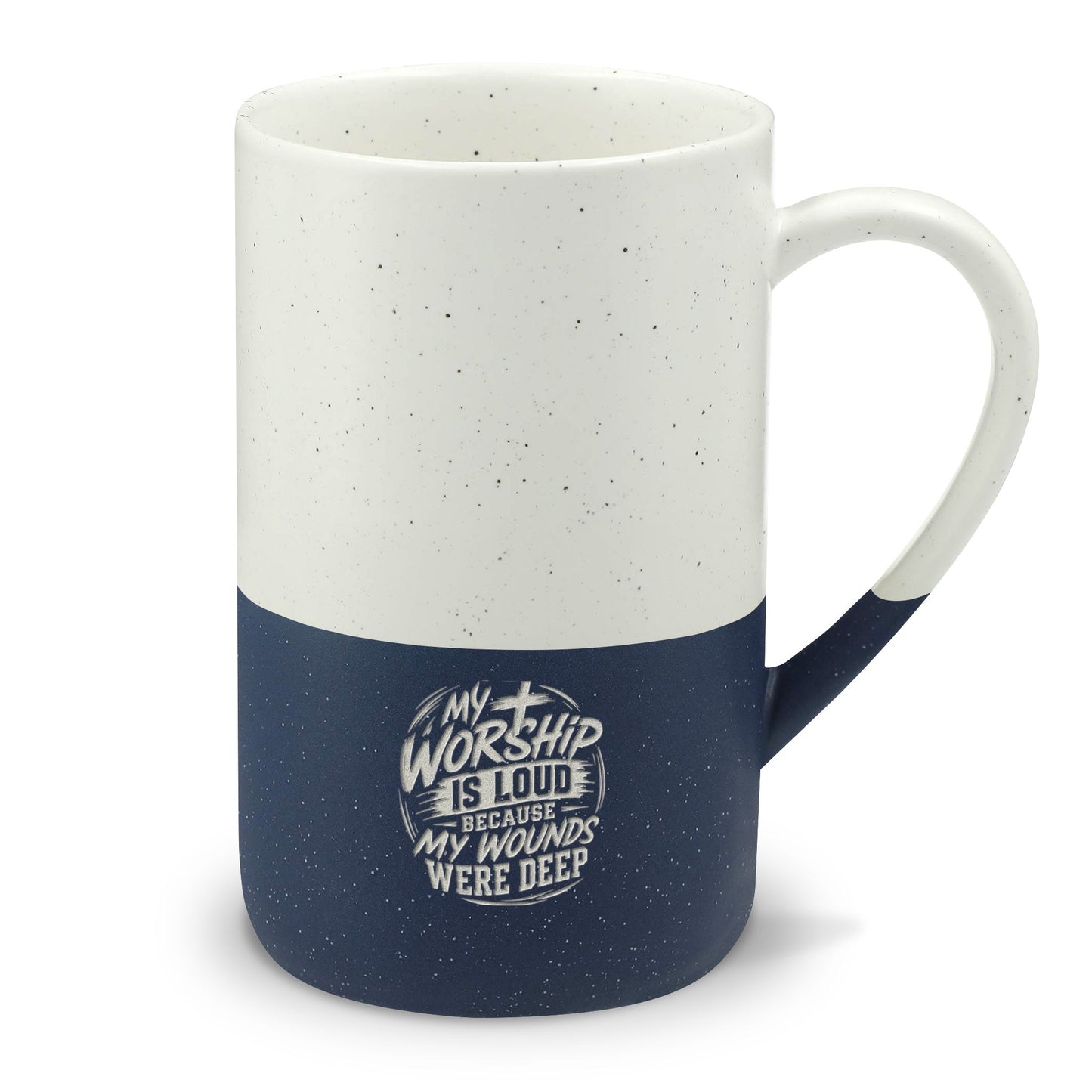 Speckled Two-Tone Christian Ceramic Mug — "My Worship Is Loud Because My Wounds Were Deep" Engraved 13oz