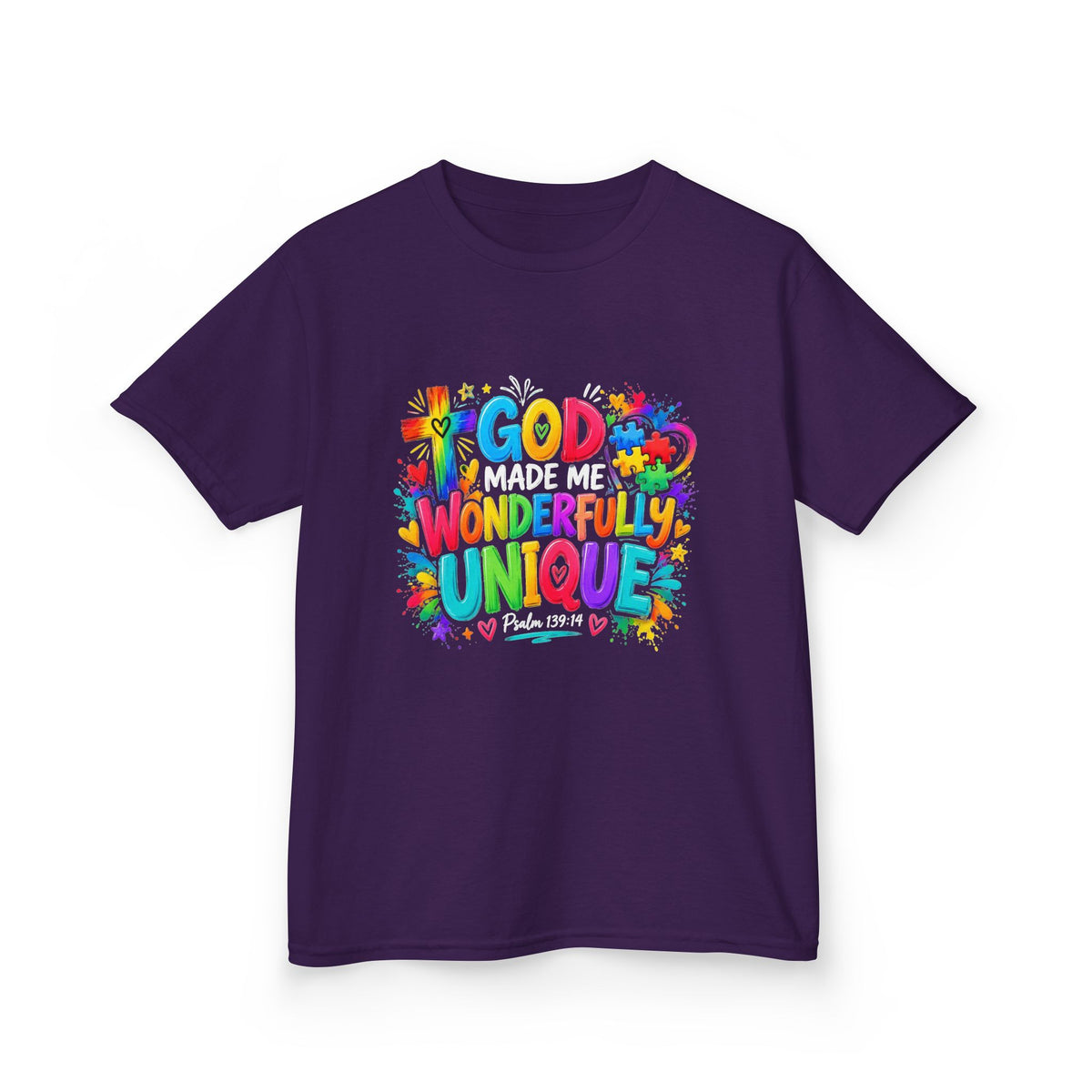 Youth Autism Awareness T-Shirt — "God Made Me Wonderfully Unique" Colorful Faith Tee