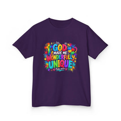 Youth Autism Awareness T-Shirt — "God Made Me Wonderfully Unique" Colorful Faith Tee