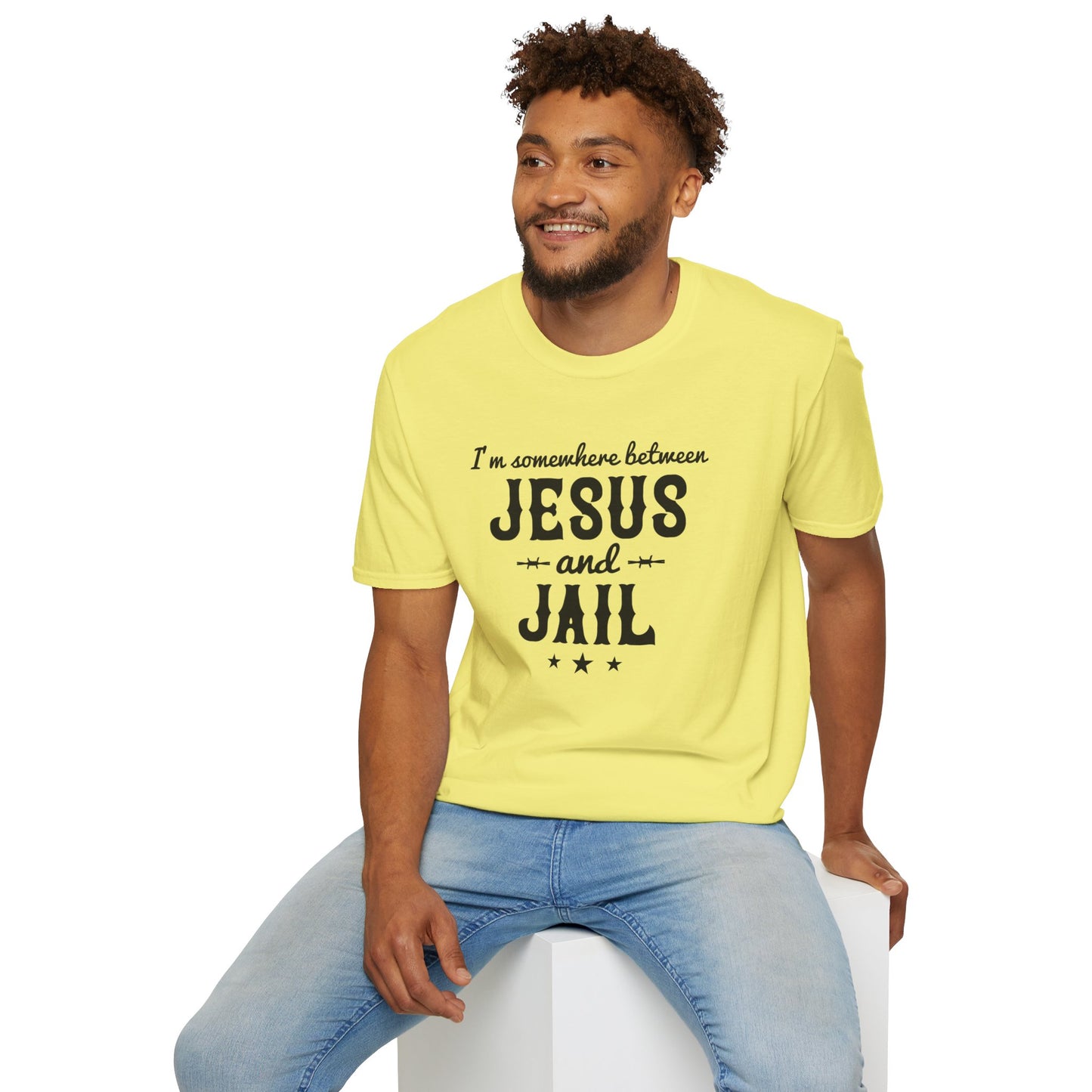 I'm Somewhere Between Jesus And Jail Funny Unisex Christian T-shirt