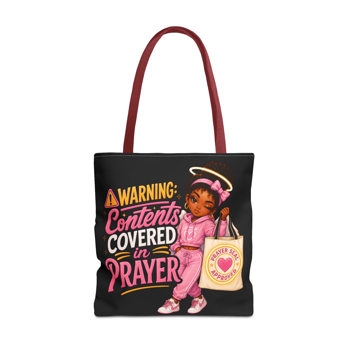 Tote Bag — "Warning: Contents Covered in Prayer" Pink Faith Tote - ClaimedbyGodDesigns