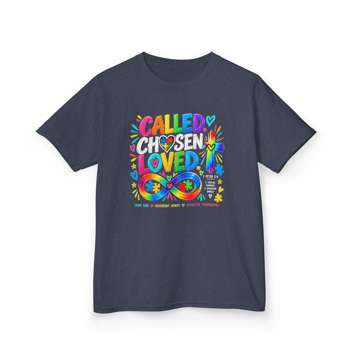 Youth Autism Awareness T-Shirt — "Called Chosen Loved" Colorful Faith Tee