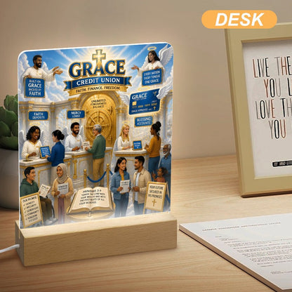 The Grace Credit Union Christian Acrylic Photo Night Light with Wooden Base - ClaimedbyGodDesigns