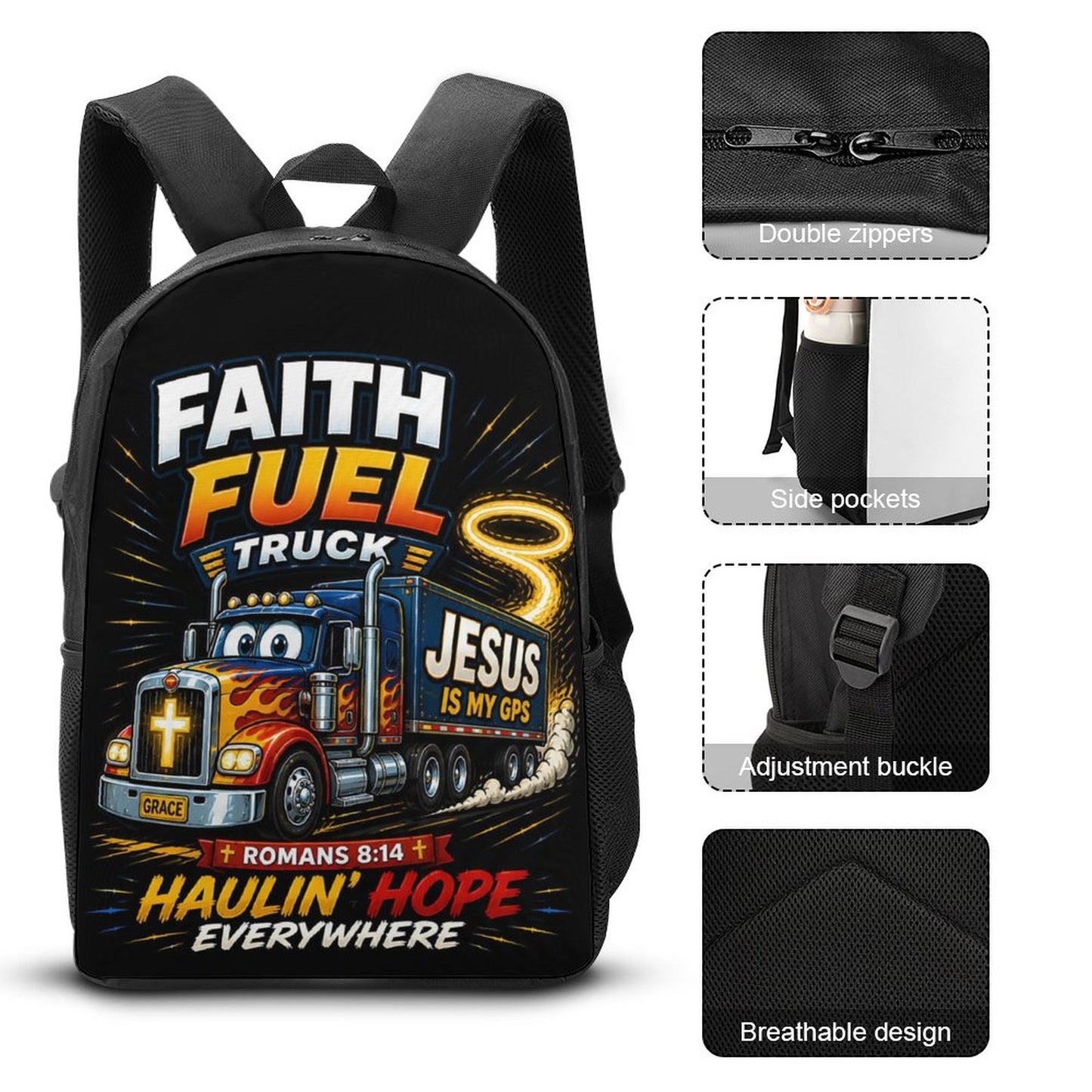 Faith Fuel Truck Christian 3 PCS Bag Set (Backpack, Lunch Bag and Pencil Case) - ClaimedbyGodDesigns