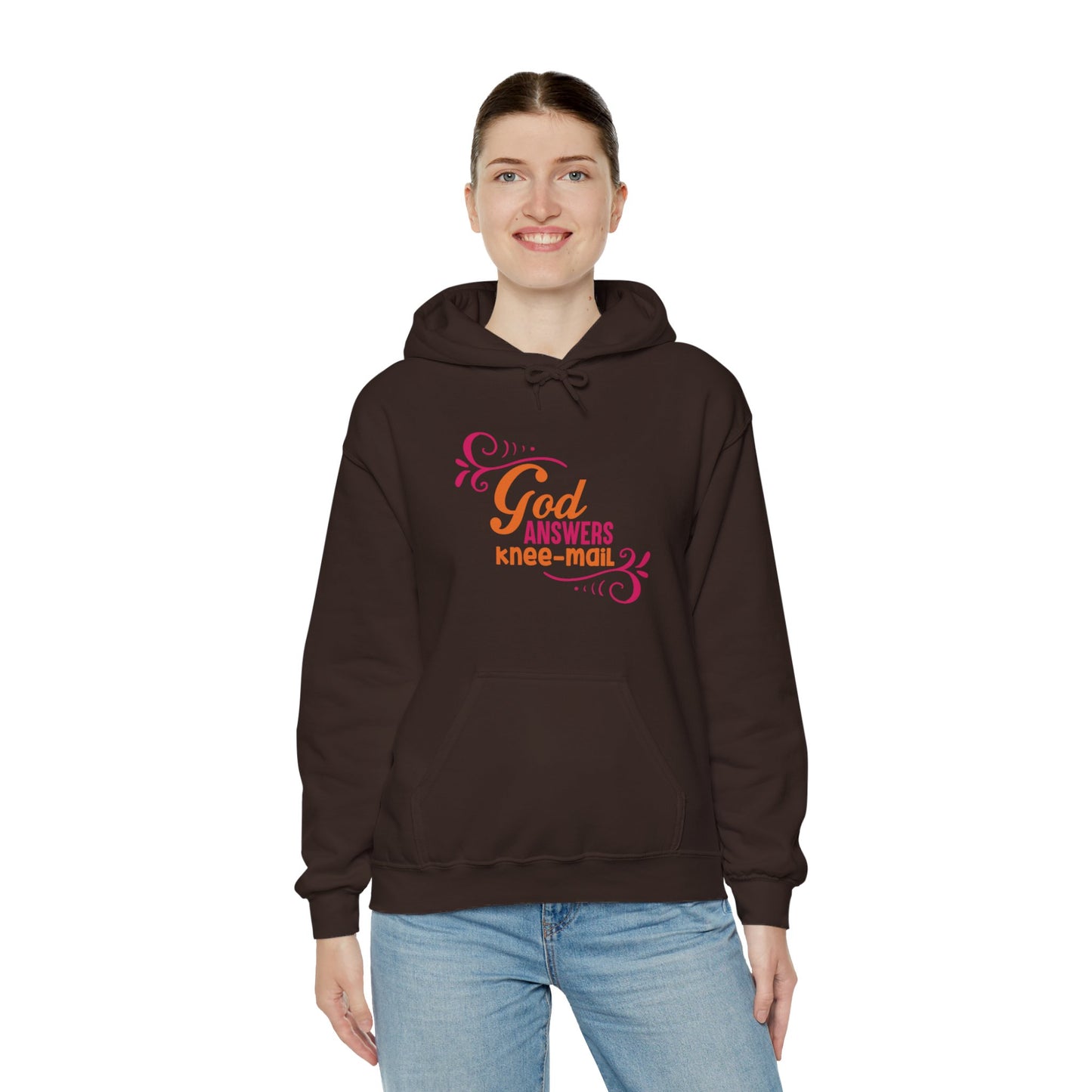 God Answers Knee Mail Funny Unisex Christian Hooded Pullover Sweatshirt