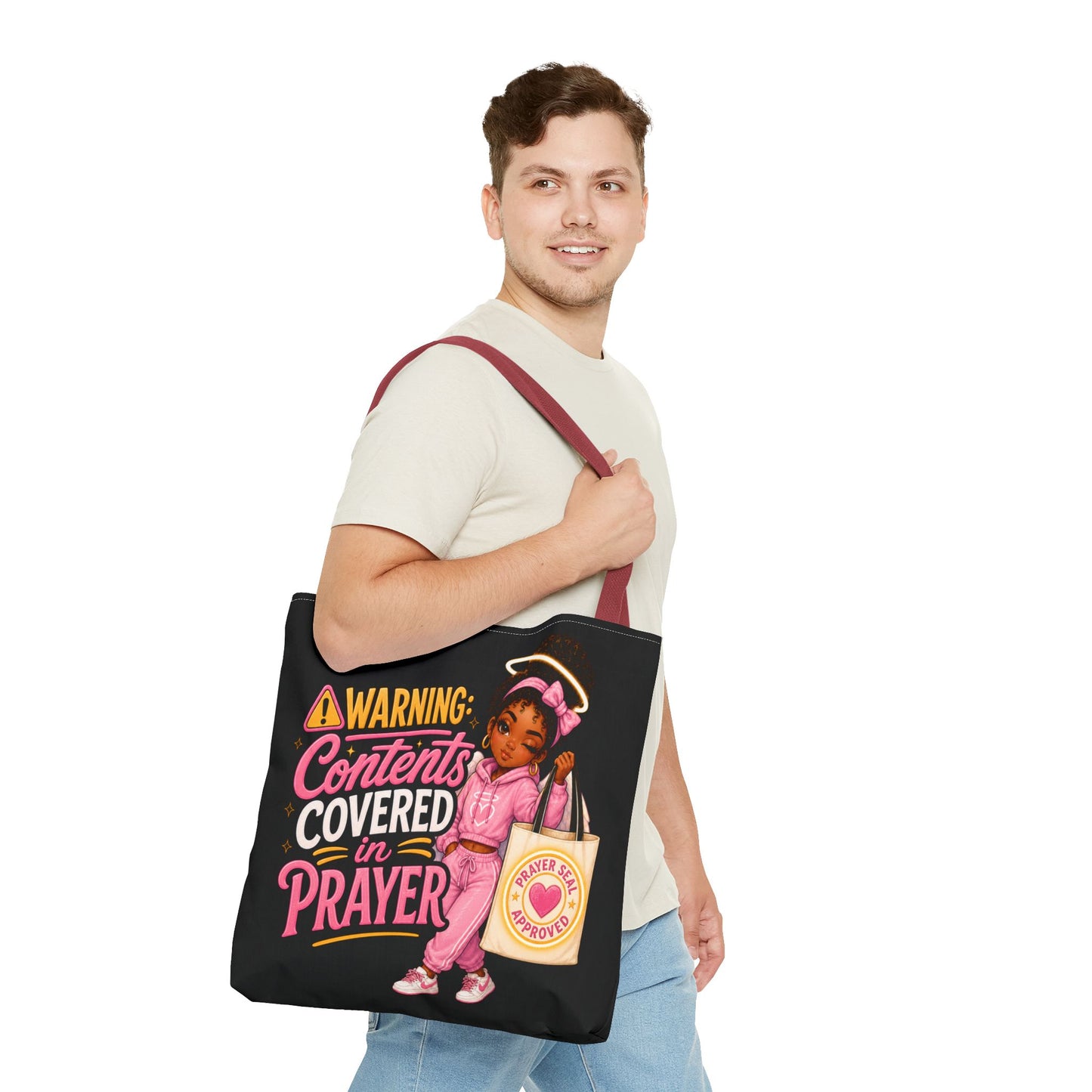 Tote Bag — "Warning: Contents Covered in Prayer" Pink Faith Tote - ClaimedbyGodDesigns