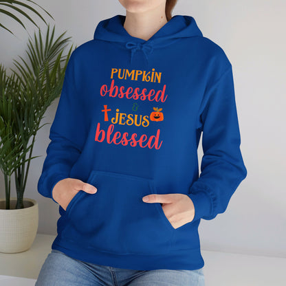 Pumpkin Obsessed And Blessed by Him Halloween Unisex Christian Pullover Hooded Sweatshirt