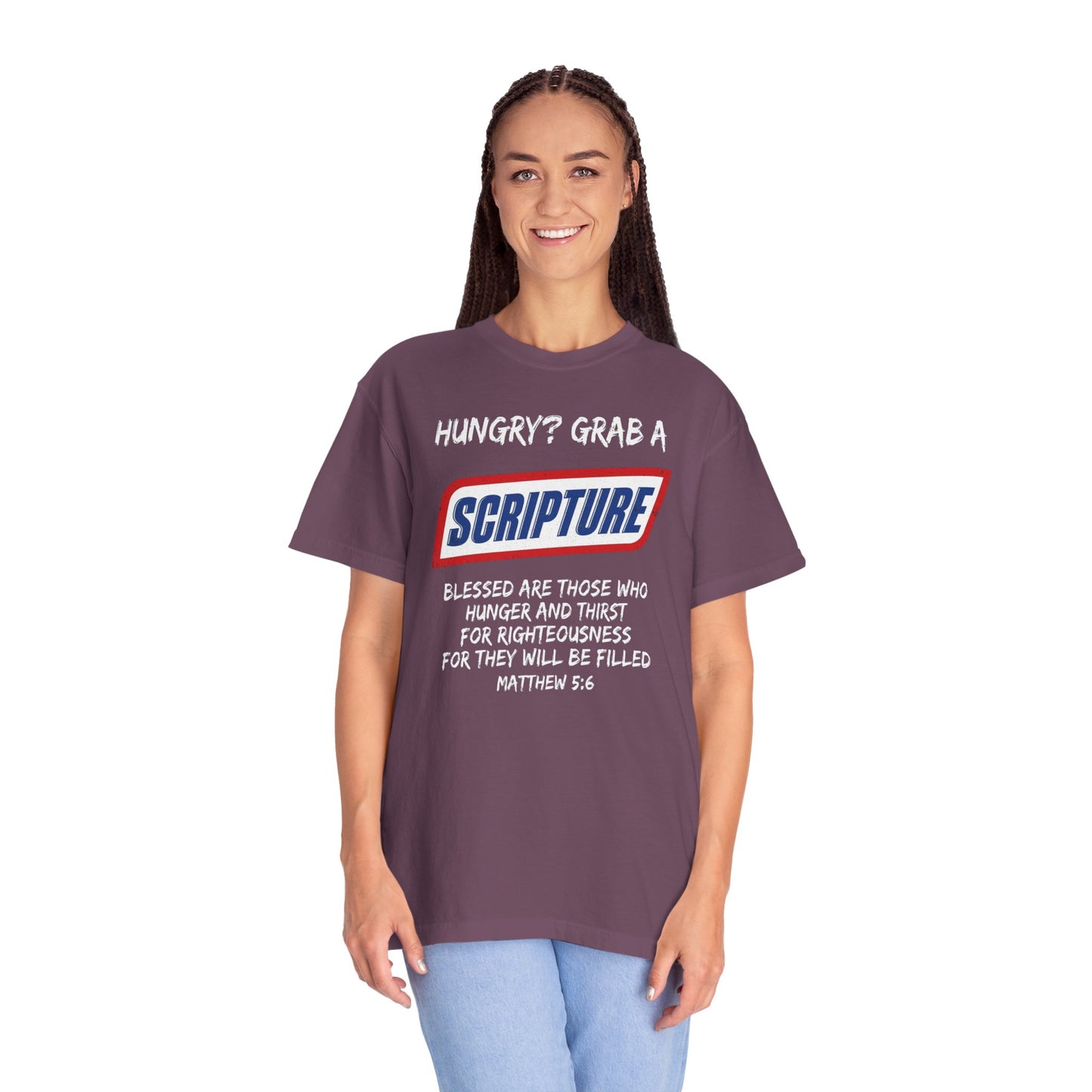 Scripture Snack T-Shirt — "Hungry? Grab a Scripture" Matthew 5:6 Christian Tee