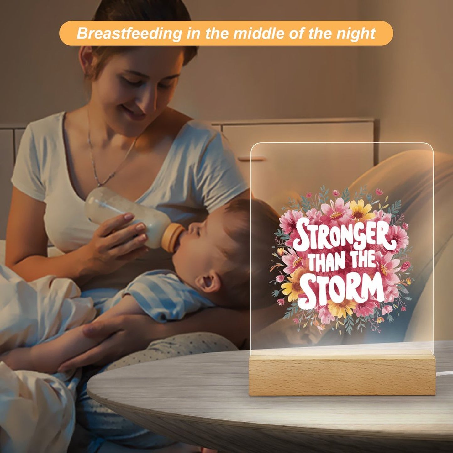 Stronger Than The Storm Christian Acrylic Night Light with Wooden Base Christian Gift Idea