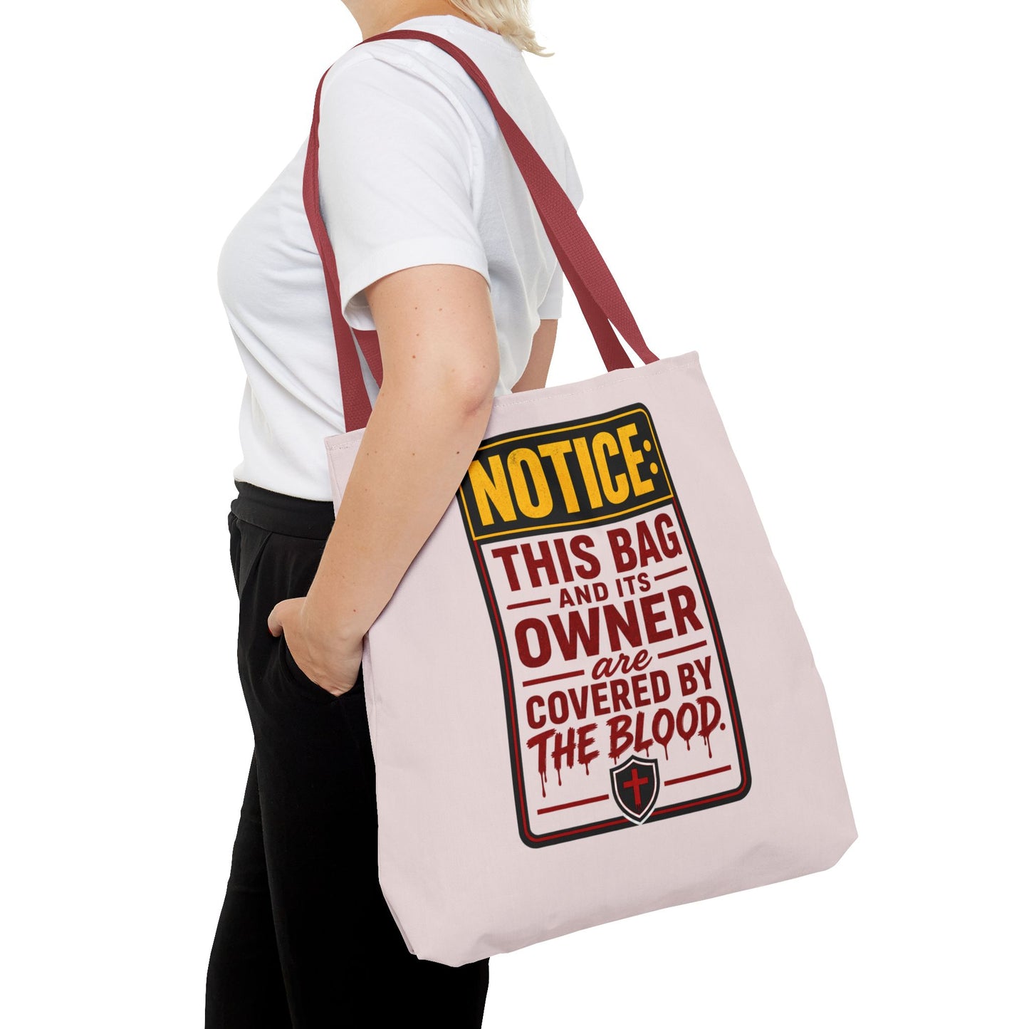 Tote Bag — "NOTICE: This Bag and Its Owner Are Covered by the Blood" Christian Faith Tote - ClaimedbyGodDesigns