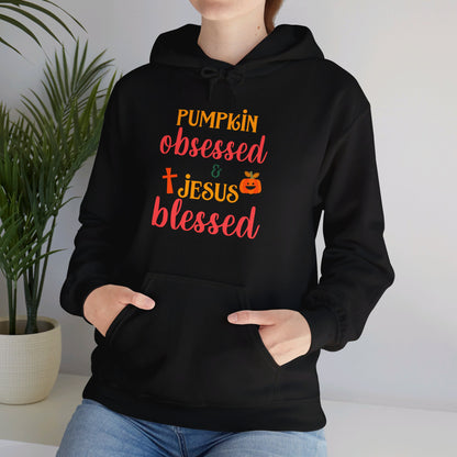 Pumpkin Obsessed And Blessed by Him Halloween Unisex Christian Pullover Hooded Sweatshirt