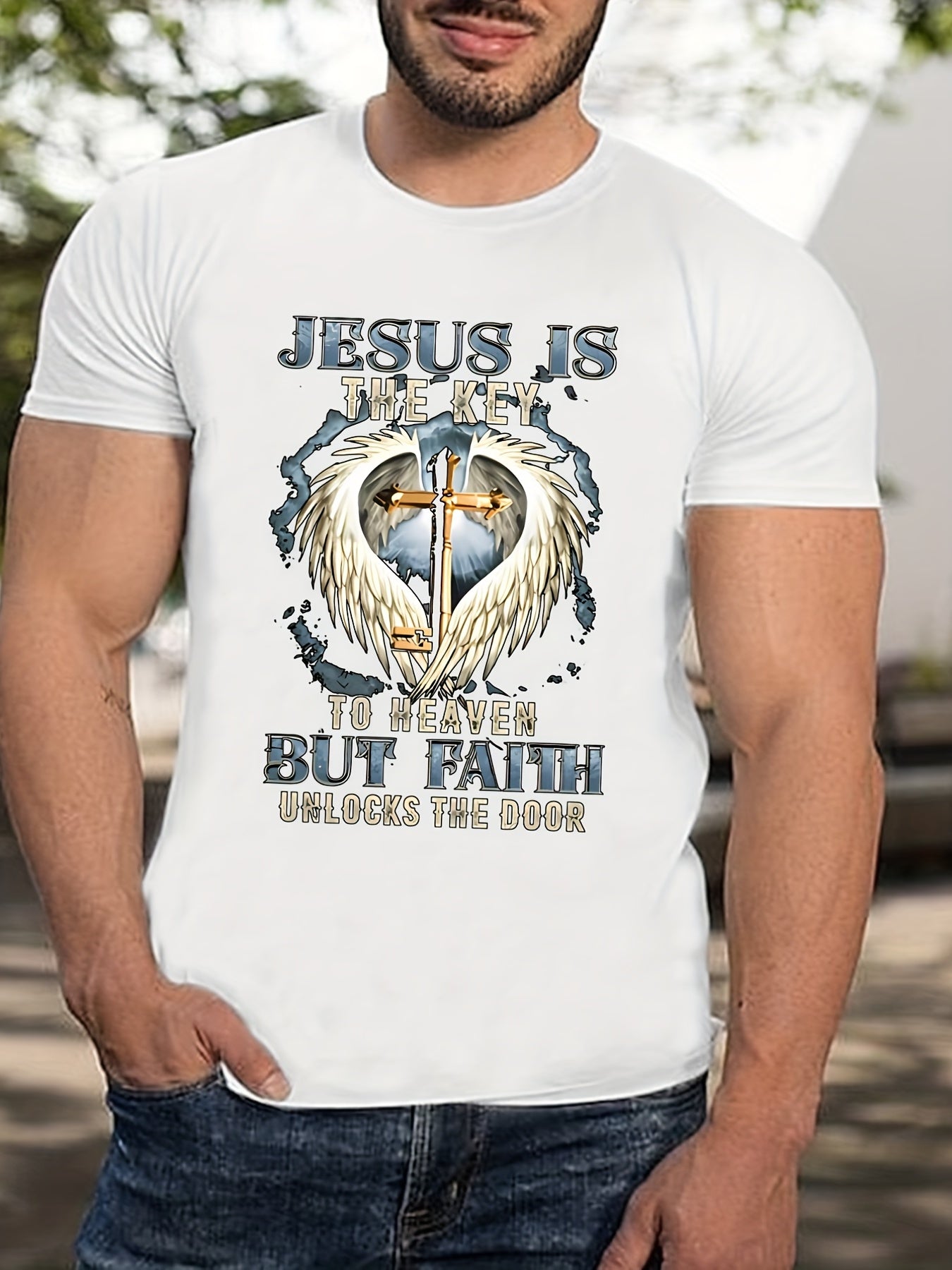 Jesus Is The Key To Heaven But Faith Unlocks The Door Men's Christian T-shirt claimedbygoddesigns