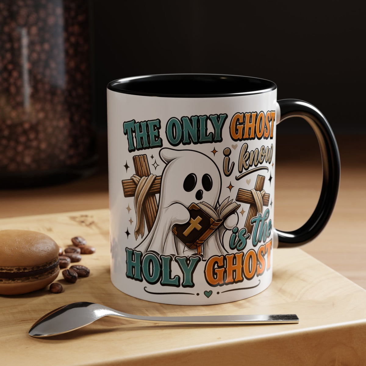 Accent Mug — "The Only Ghost I Know Is the Holy Ghost" Christian Halloween Coffee Cup