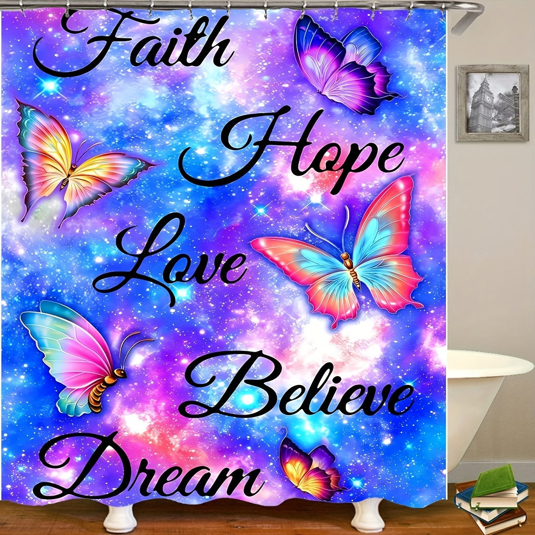 1/4pcs Faith Hope Love Christian Shower Curtain Set, Bathroom Rug, U-Shape Mat, Toilet Lid Pad, Waterproof Curtain With 12 Plastic Hooks claimedbygoddesigns