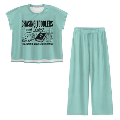 Feuled By Faith Chasing Toddlers And Him Women’s Christian Pajama Set - ClaimedbyGodDesigns