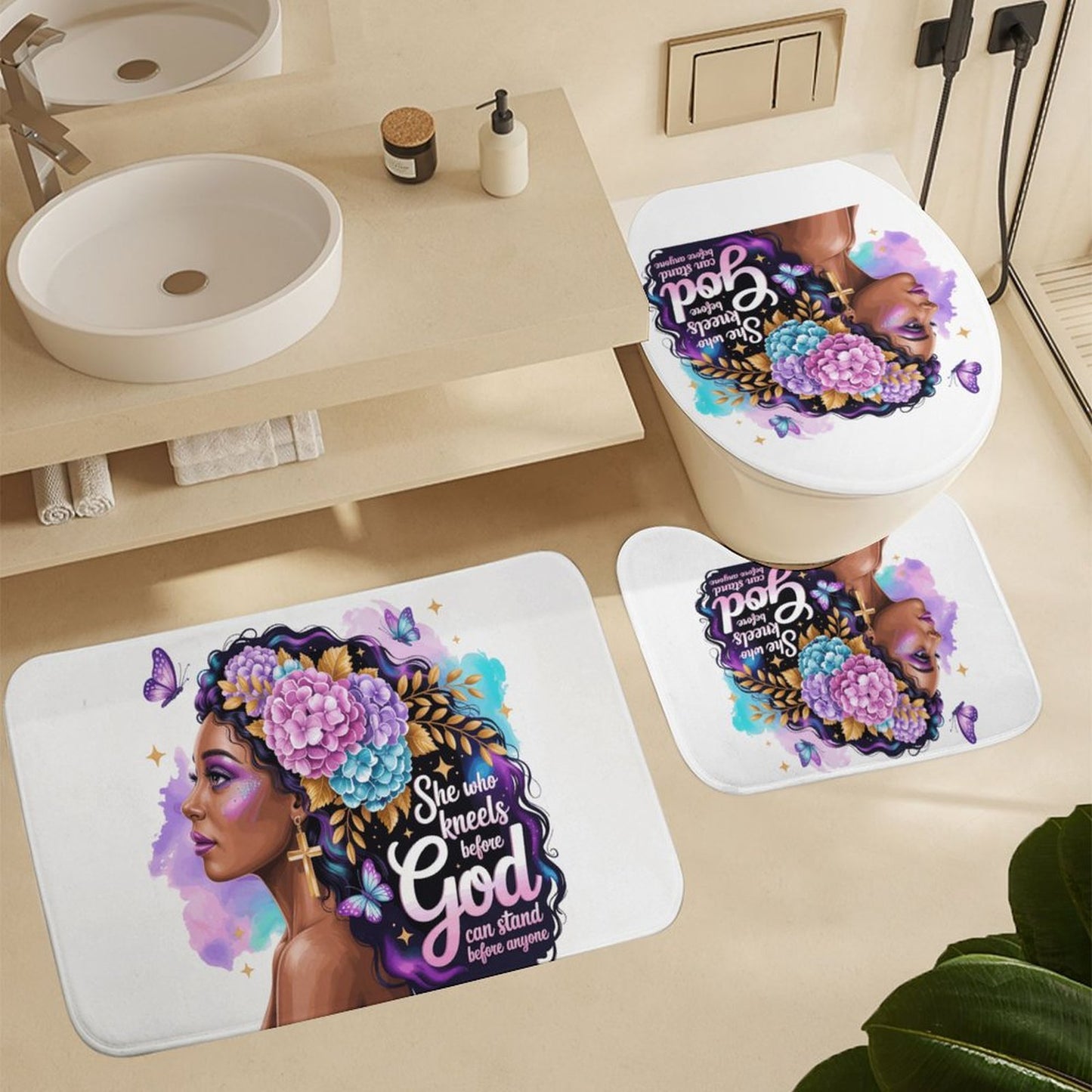 She Who Kneels (Floral Queen) Christian Shower Curtain Set with a shower curtain, a bath rug, a contour rug and a toilet lid cover. - ClaimedbyGodDesigns