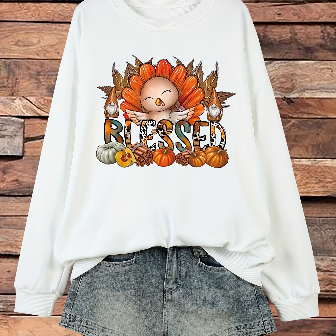 Blessed (Thanksgiving Themed) Plus Size Women's Christian Pullover Sweatshirt claimedbygoddesigns