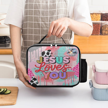Jesus Loves You Christian PU Leak-proof Lunch Bag with Detachable Buckled Handle