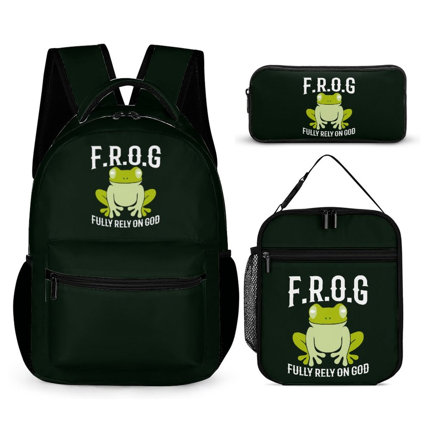 Fully Rely On Him FROG Christian Backpack Set of 3 Bags (Shoulder Bag Lunch Bag & Pencil Pouch) - ClaimedbyGodDesigns