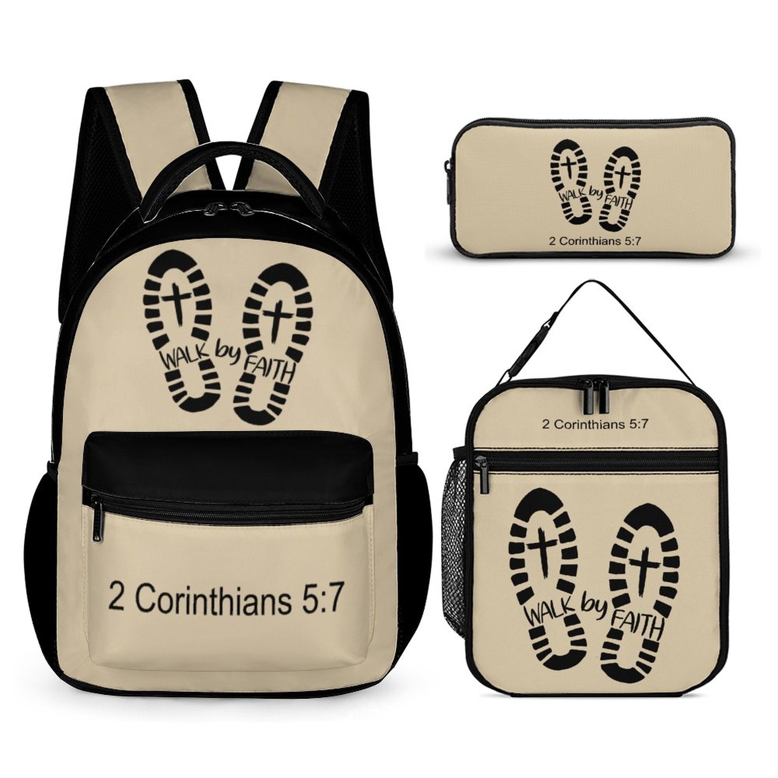 Walk By Faith 3 Pcs Christian School Backpack Set for Kids (Backpack, Kid's Insulated Lunch Bag & Pencil Case Organizer) - ClaimedbyGodDesigns