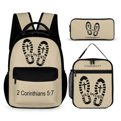 Walk By Faith 3 Pcs Christian School Backpack Set for Kids (Backpack, Kid's Insulated Lunch Bag & Pencil Case Organizer) - ClaimedbyGodDesigns
