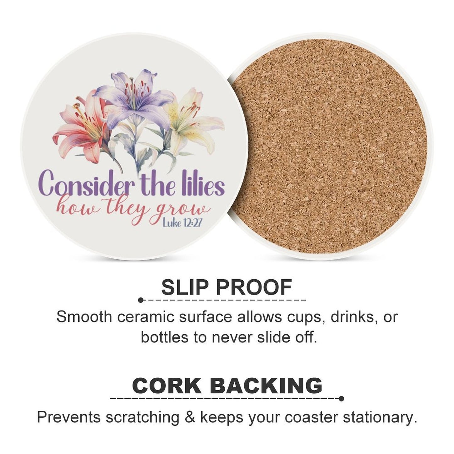 Consider The Lilies Christian Round Ceramic Coaster - ClaimedbyGodDesigns