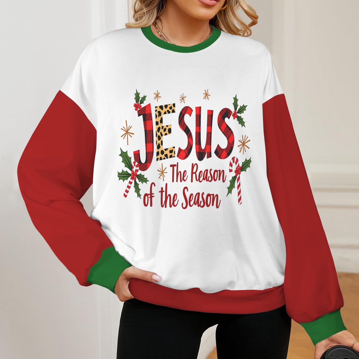 Jesus The Reason For The Season Christmas Themed Women's Christian Oversized Crew Neck Pullover Sweatshirt