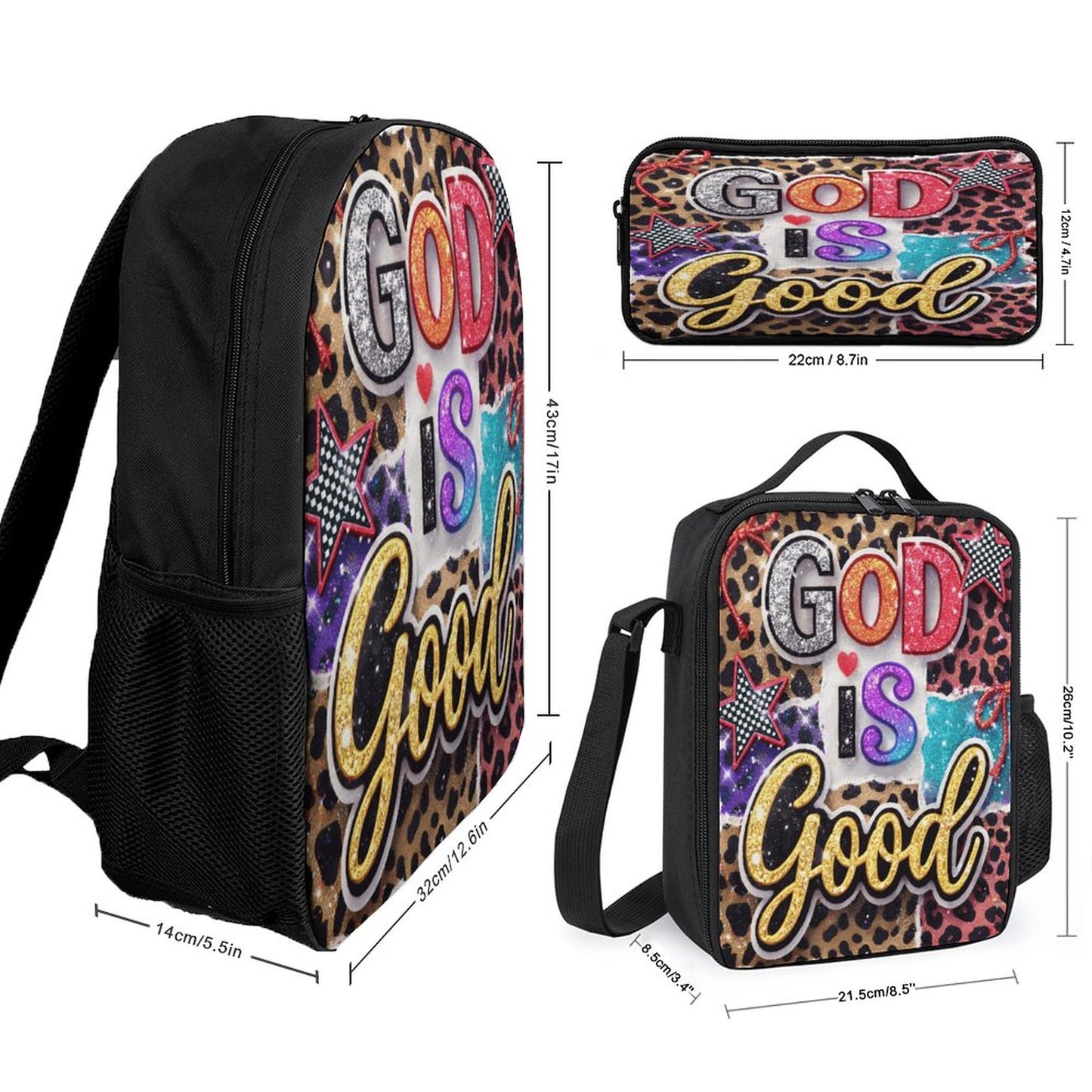 God Is Good 3 PCS Christian Set (Backpack, Lunch Bag and Pencil Case) - ClaimedbyGodDesigns