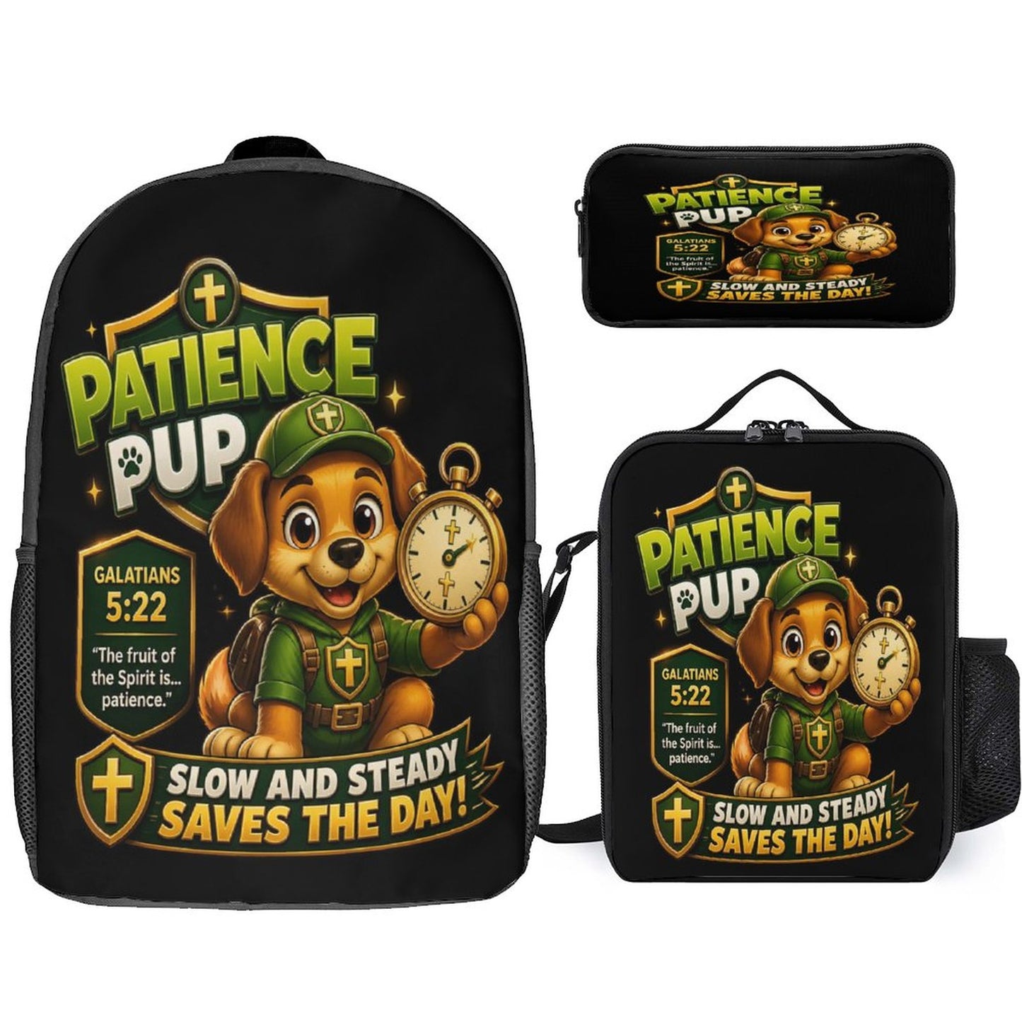 Patience Pup Christian 3 PCS Bag Set (Backpack, Lunch Bag and Pencil Case) - ClaimedbyGodDesigns
