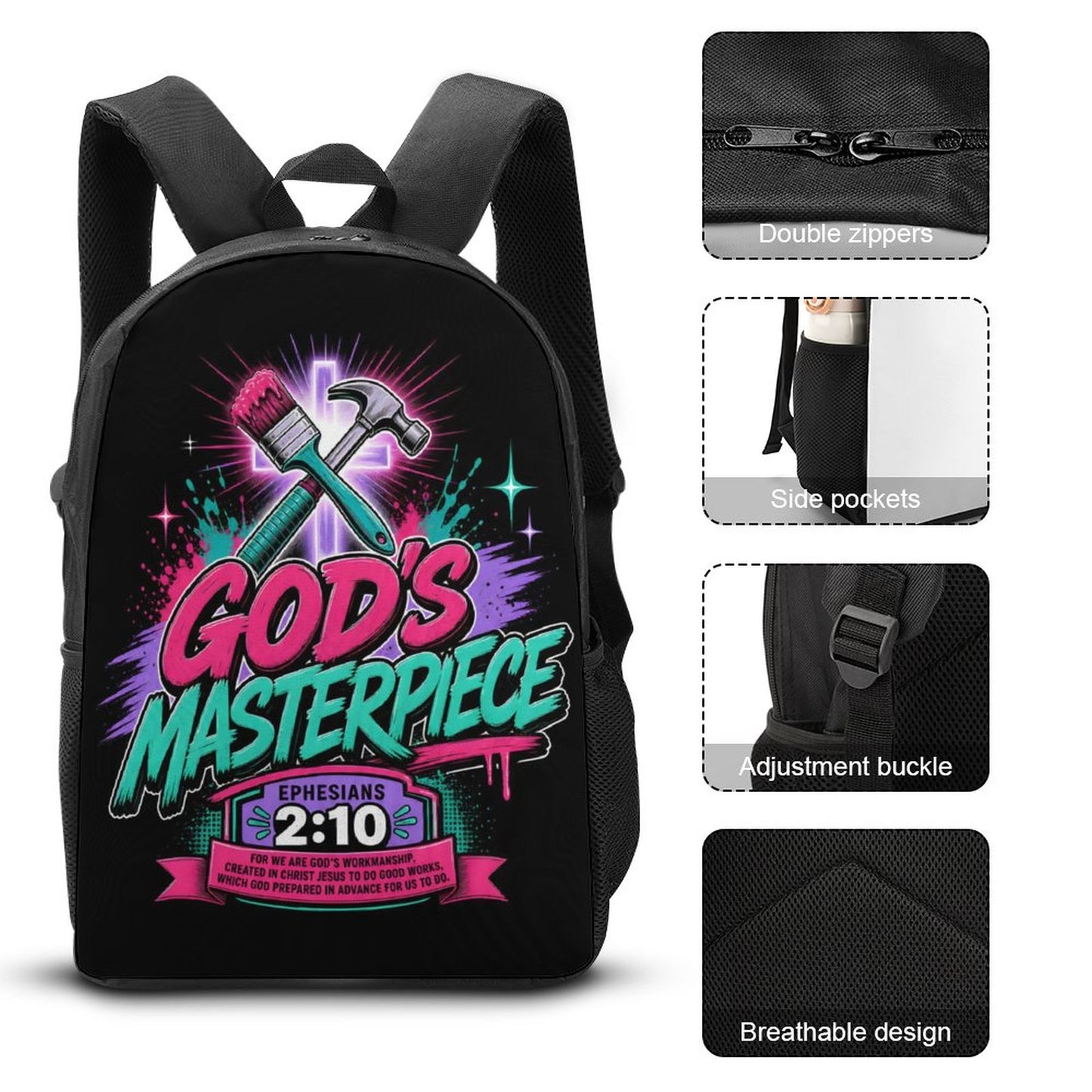 God's Masterpiece Christian 3 PCS Bag Set (Backpack, Lunch Bag and Pencil Case) - ClaimedbyGodDesigns