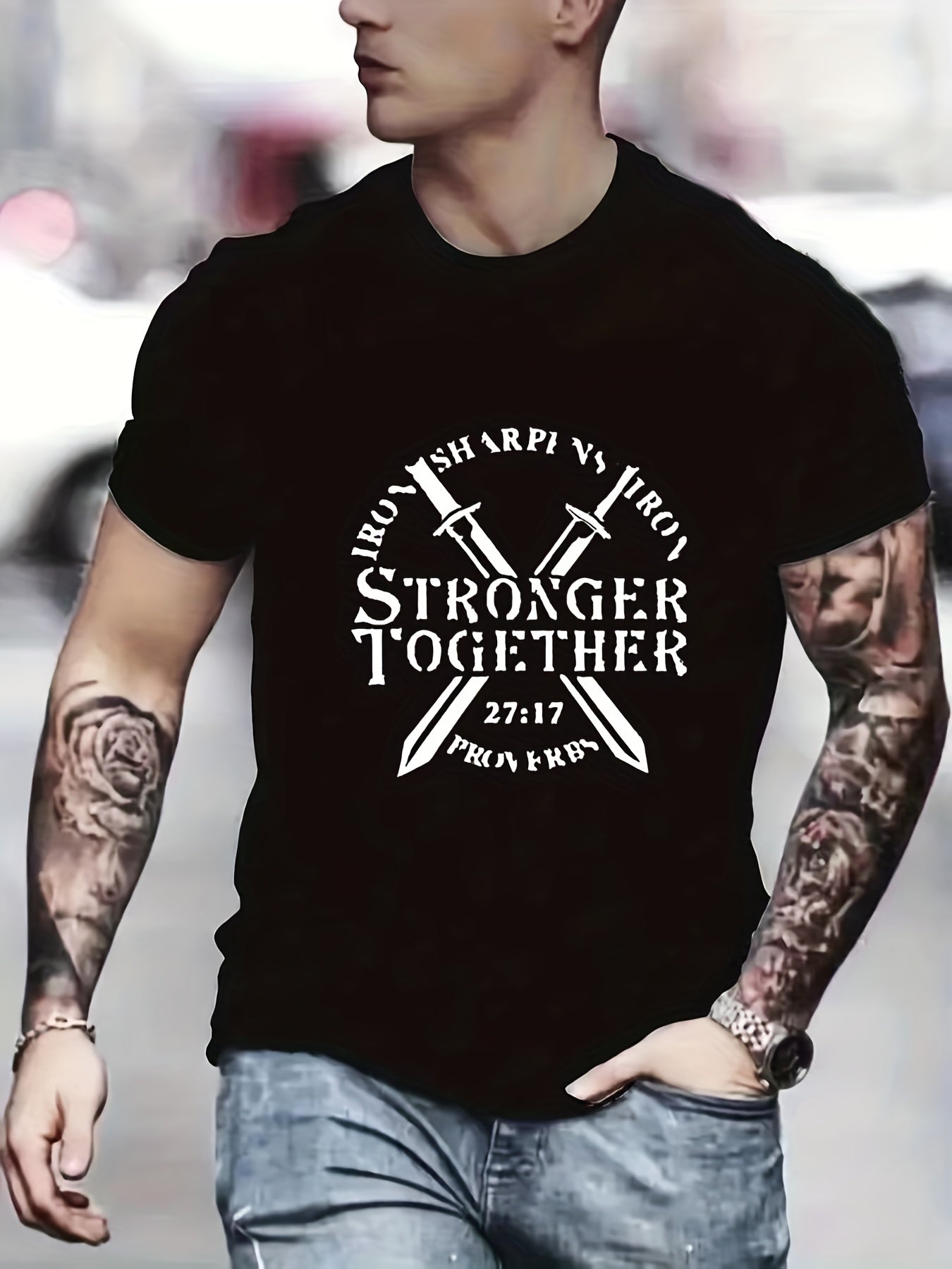 Proverbs 27:17 Iron Sharpens Iron STRONGER TOGETHER Men's Christian T-shirt claimedbygoddesigns