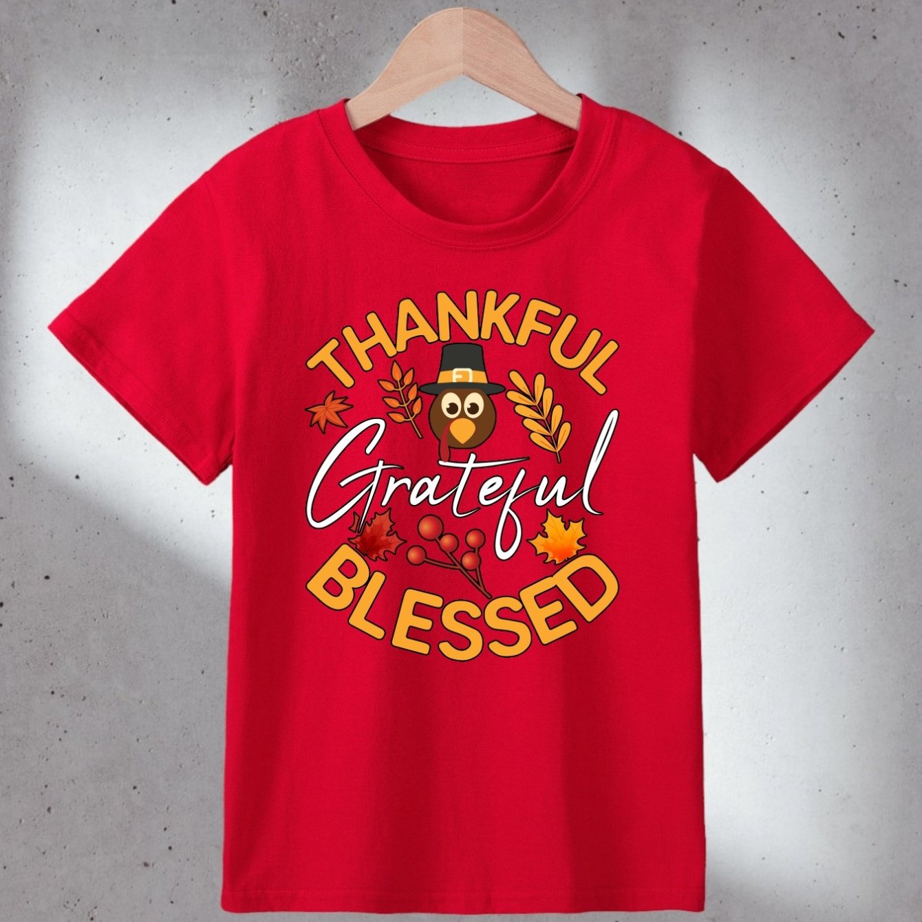 Thankful Grateful Blessed (Thanksgiving themed) Youth Christian T-shirt claimedbygoddesigns