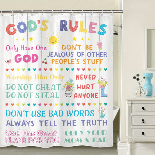 God's Rules (kids) Christian Shower Curtain With 12 Plastic Hooks, 60Wx72H Inch claimedbygoddesigns
