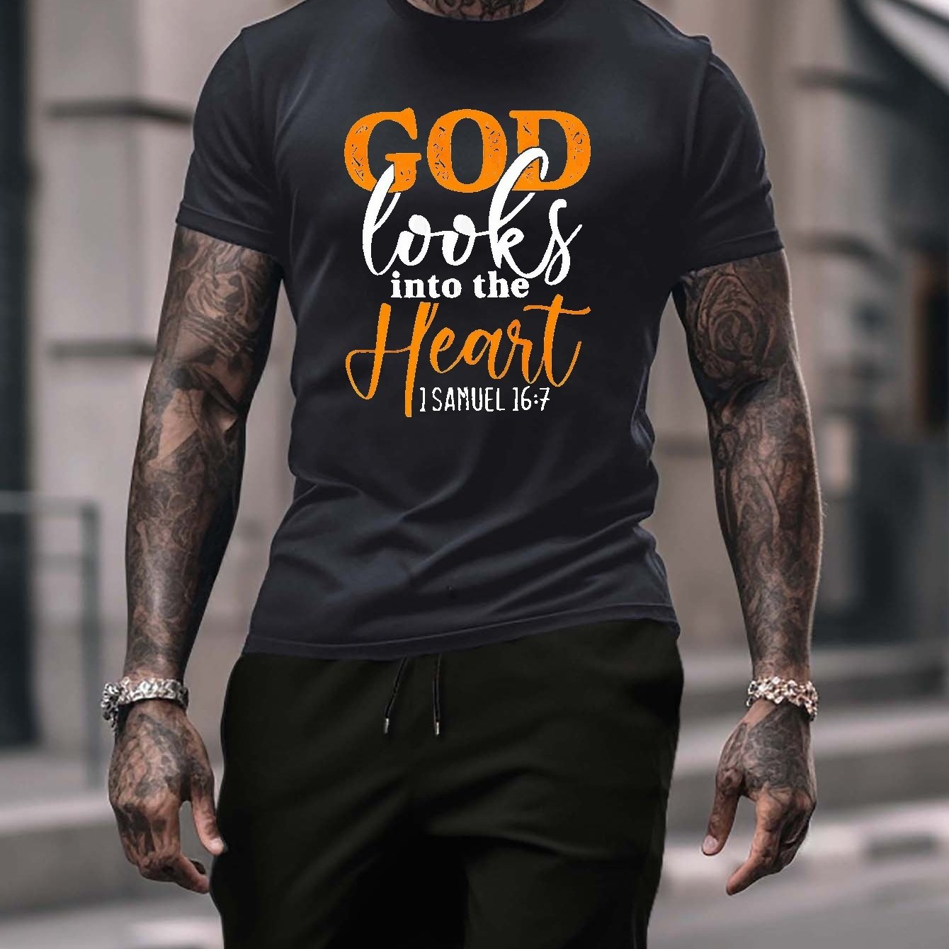 1 Samuel 16:7 God Looks Into The Heart Plus Size Men's Christian Casual Outfit claimedbygoddesigns