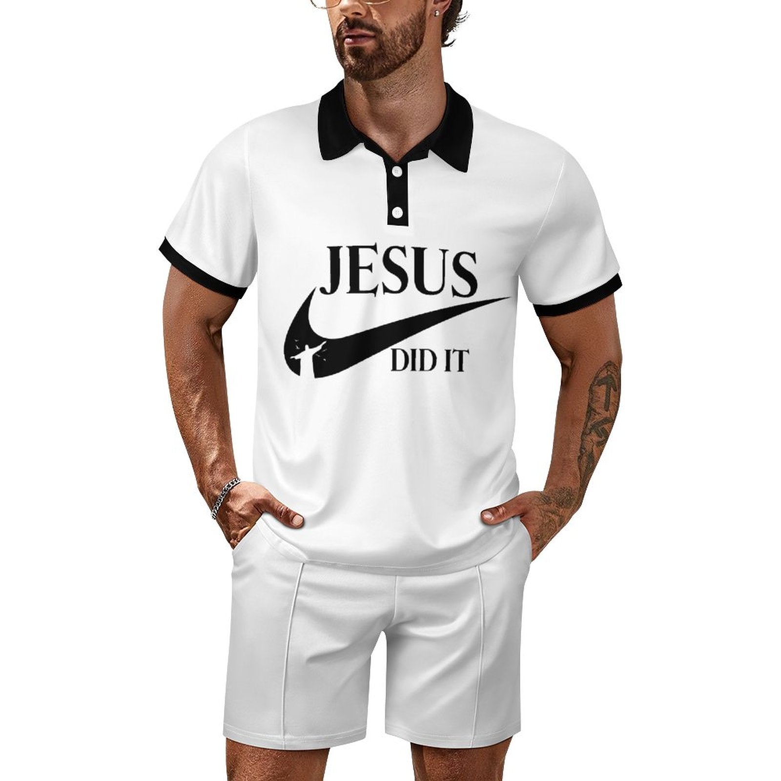 Jesus Did It (Like Nike) Men's Christian Casual Outfit Polo Set SALE-Personal Design