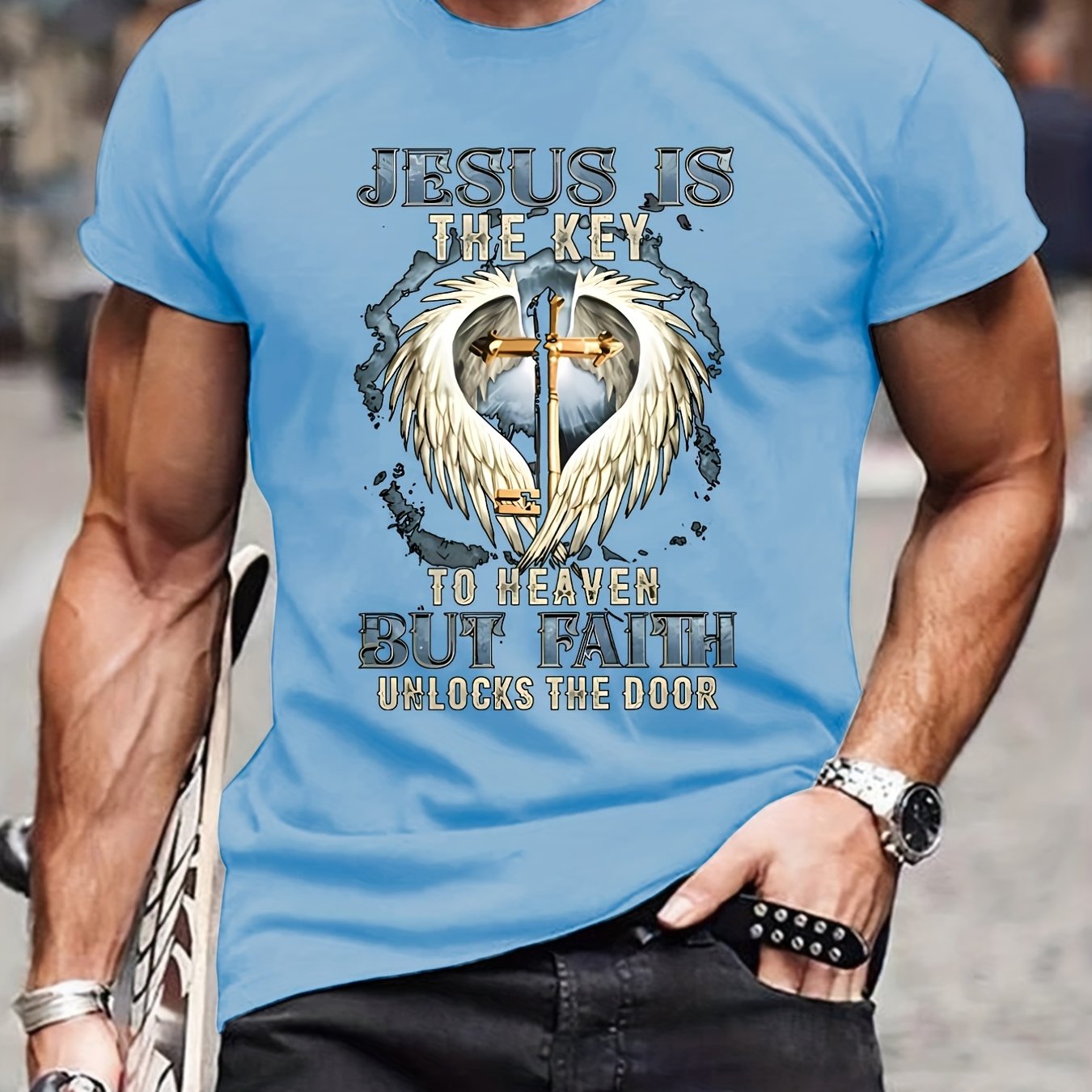 Jesus Is The Key To Heaven But Faith Unlocks The Door Men's Christian T-shirt claimedbygoddesigns