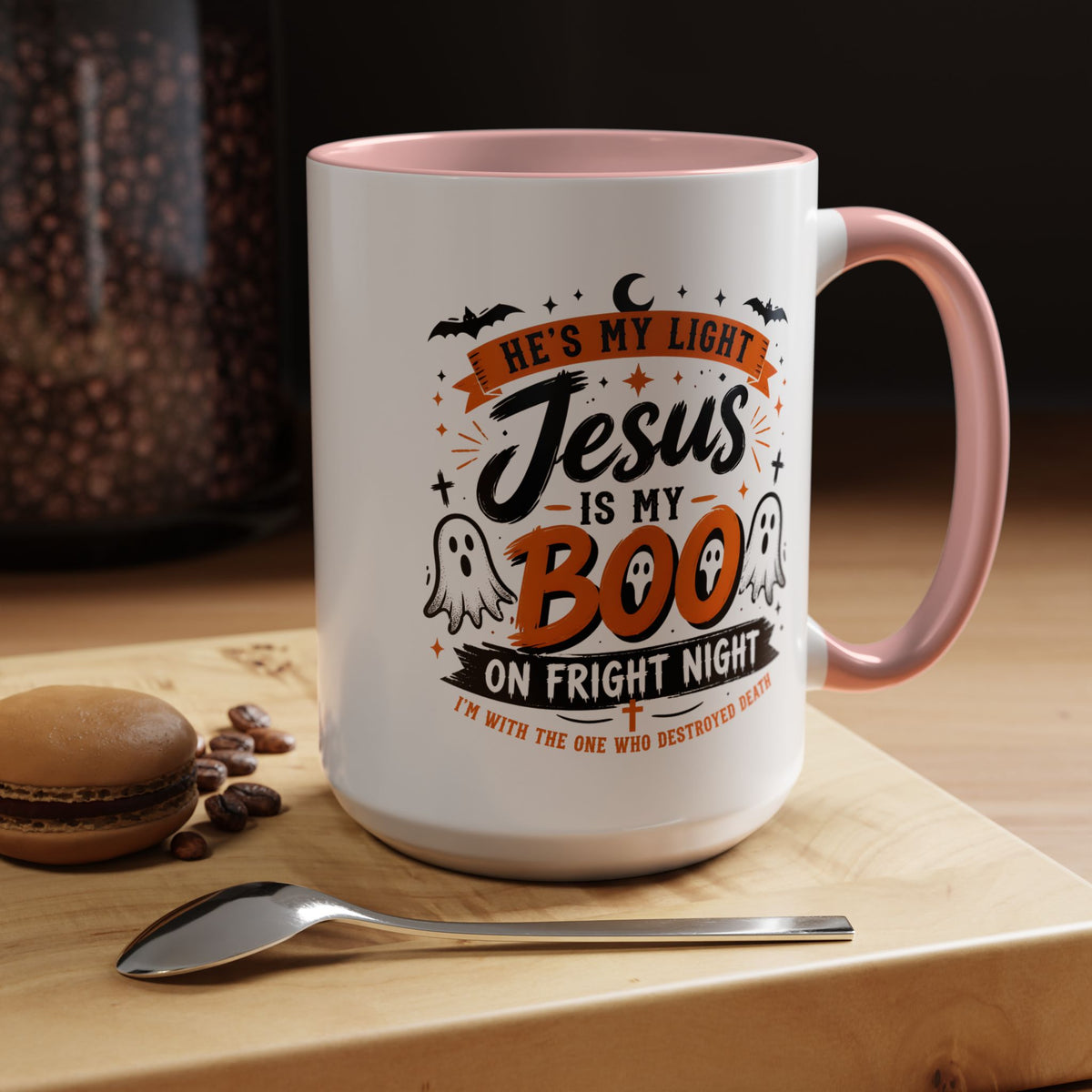 Christian Coffee Mug — "He's My Light, Jesus Is My Boo" Halloween Accent Mug